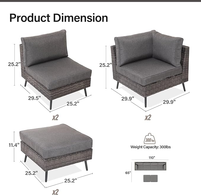 LAUSAINT HOME Outdoor Patio Furniture, 6 Piece Outdoor Sectional Sofa PE Rattan Wicker Patio Conversation Sets,All Weather Patio Furniture Set with Thick Cushions for Garden, Poolside, Backyard (Grey)
