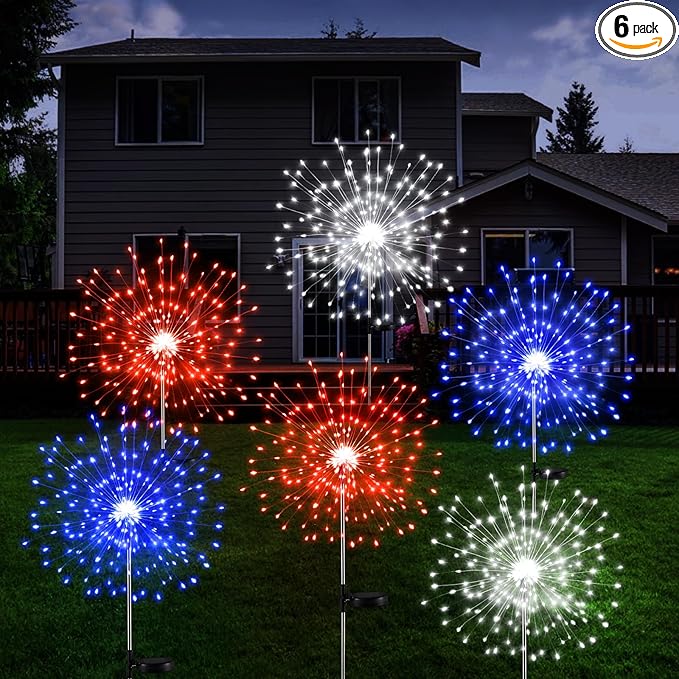 Tujoe 6 Pcs 4th of July Solar Firework Lights Patriotic Solar Light Outdoor Garden 120 LED 8 Modes Waterproof LED Sparkler Light for 250th Anniversary Patio Yard Pathway Walkway (Red,White,Blue)