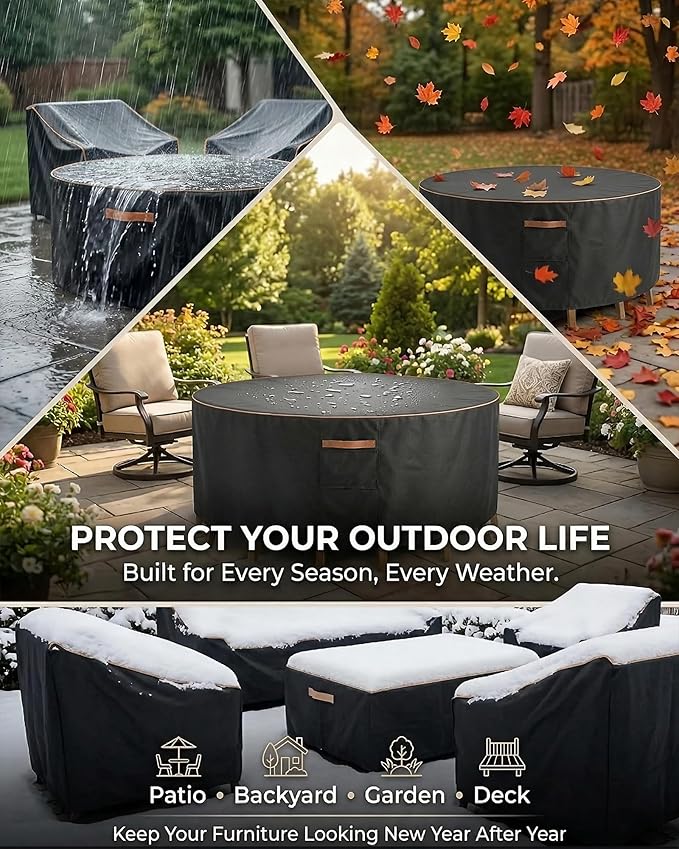 Round Outdoor Patio Furniture Cover, Heavy Duty 600D Waterproof Cover for Table & Chair Set or Sofa Set Covers, Windproof,UV Resistant, All-Season for Backyard,Deck,Garden,48" L x 48" W x 28" H,Black