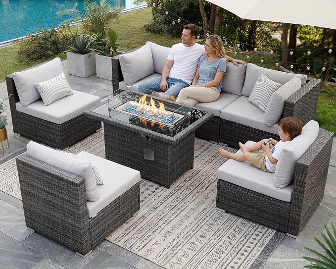 NICESOUL High-End Outdoor Patio Furniture Set with Natural Gas/Propane Firepits, 7 Piece Large Wicker Sectional Couches with Fire Table, 29.3'' High Back Deep Seating Comfy Conversation Sofas, Gray