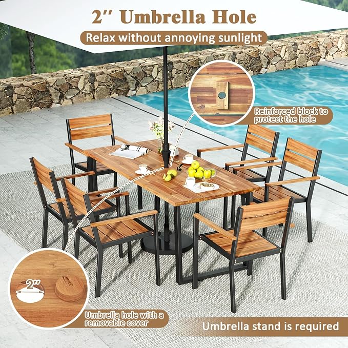 RELAX4LIFE 7-Piece Outdoor Dining Set - 63’’ Rectangular Acacia Wood Table w/6 Stackable Chairs & Metal Frame, Patio Furniture Set with Umbrella Hole for Garden Porch, Patio Table and Chairs Set for 6