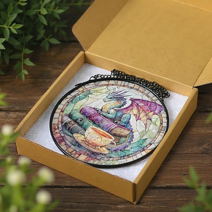 Dragon Stained Glass Window Hanging, 8 Inch Sun Catchers Indoor Window, Suncatchers for Windows Hanging, Home Decor and Christmas, Festival, Birthday, Gifts for Readers, Book Lovers, Women, Men