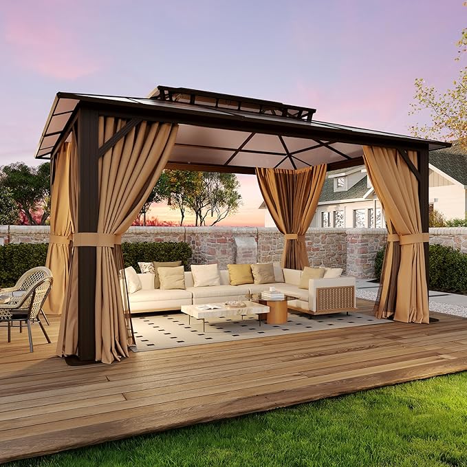 10’x14’ Hardtop Gazebo with Double Polycarbonate Roof Outdoor Metal Gazebo Sturdy Aluminum Frame & Removable Curtains, Netting Permanent Pavilion Pergola for Garden,Patio,Lawn (Brown)