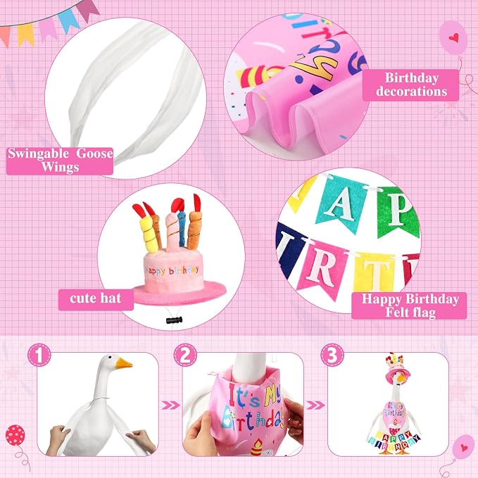 Abbylike 4 Pcs Happy Birthday Porch Goose Outfit for 23" Statues Poseable Porch Goose Wings Birthday Cake Hat for Lawn Patio Outdoor Geese Statue Decoration Accessories (Pink,Bib Style)