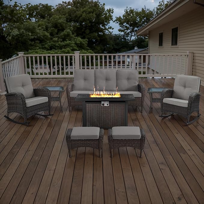 Belord Patio Furniture Set with Fire Pit Table - 8 Piece Outdoor Wicker Furniture Set with 43" 50000 BTU Propane Fire Pit and Rocking Chairs Patio Conversation Set for Deck Outside Backyard Beige