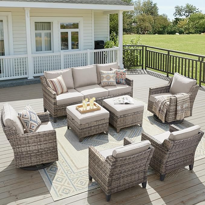 7 Piece Outdoor Patio Wicker Furniture Sets-High Back Outdoor Conversation Set Sectional Sofa with Wicker Swivel Rocker Patio Chairs,Thick Cushions Ottomans for Porch Balcony Patio Deck Grey/Beige