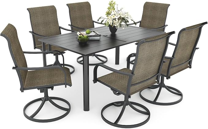 Anmutig 7-Piece Outdoor Patio Dining Set with 6 Swivel Chairs, Outdoor Furniture Steel Frame Slat Rectangular Table with 1.57" Umbrella Hole for Backyard, Light Tan