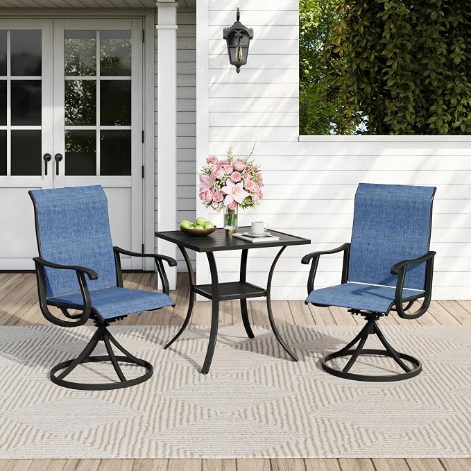 Outdoor Dining Set for 2, 28" Metal Square Outdoor Dining Table and Sling Patio Swivel Chairs, 3 Pieces Patio Table and Chairs Set for Garden Backyard, Dark Blue and Black