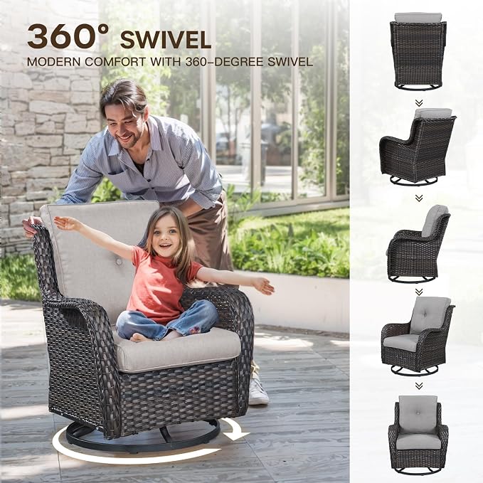 Patio Loveseat Glider Set, Resin Wicker Loveseat Glider with 4 Swivel Patio Chiars Coffee Table, 6 Piece Patio Conversation Set PE Rattan Loveseat Set, Brown Wicker|Beige Cushions