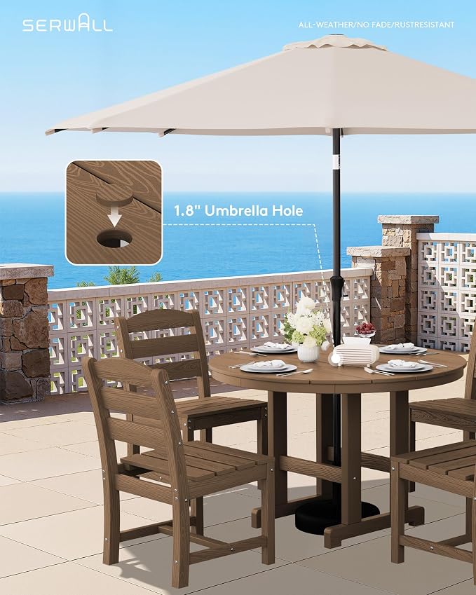 SERWALL 5-Piece Patio Dining Sets, HDPE Outdoor Table and Chairs Furniture Set, 45" Round Dining Table and 4 Armless Dining Chairs, Brown