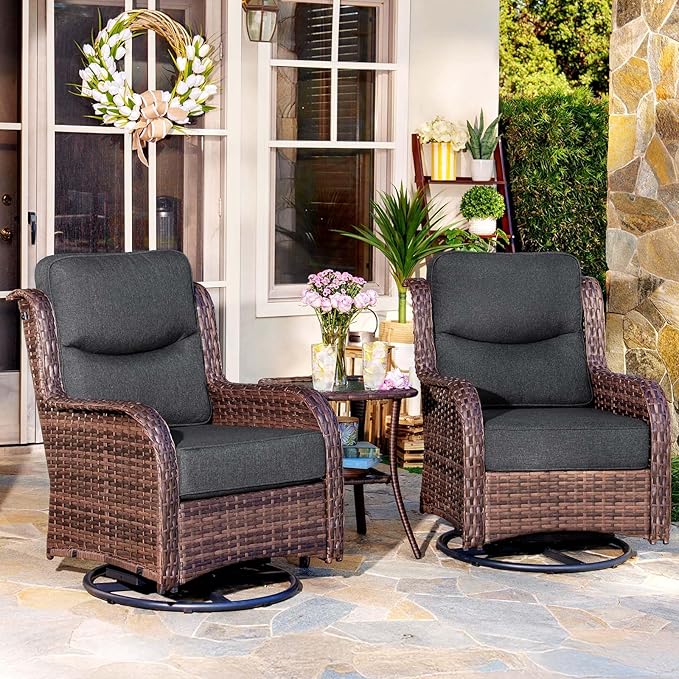 HILLGA 3-Piece Luxury Patio Furniture Set with 6" Thick Cushions, Weather-Resistant Wicker High Back Swivel Rocker Chairs, Senior-Friendly Conversation Set for Small Porch, Deck and Sunroom, Gray(V2)