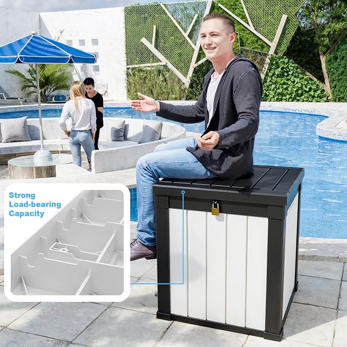 50 gallon deck box,All-weather resin material outdoorstorage box easy to install and portable,Suitable for indoor and outdoor scenes (black and white)