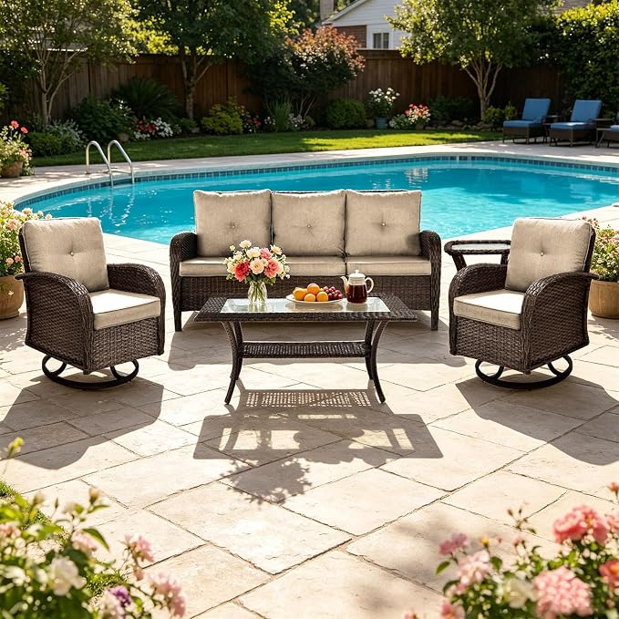 SHGJ&SOFT All Weather Patio Furniture Set, High Back Swivel Rocker Glider Chairs，Ottomans & Glass Tables, Outdoor Conversation Set for Deck Porch Yard Poolside (Brown, 5PCS-Sofa&Swivel Chairs&Tables)