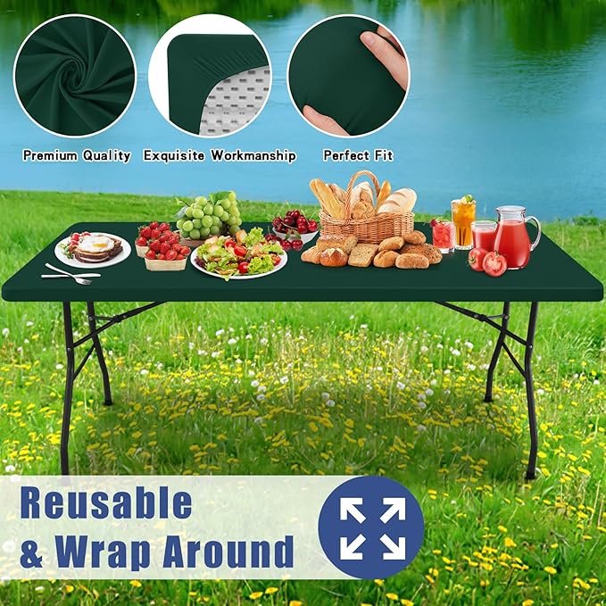Moosfor Spandex 8 Foot Rectangle Table Cloth 2 Pack, Elastic Fitted Tablecloths for Picnic, Stretch Washable Patio Table Cover for Outdoor, Camping, Banquet and Parties(Hunter Green, 30"x96")