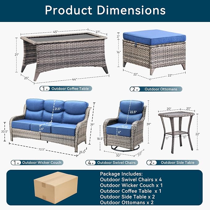 Luxury 10 Pieces Patio Furniture Set, Wicker Swivel Rocker Patio Chairs with 6" Thick Cushion, Outdoor Wicker Sofa with Coffee Table, All Weather Outdoor Conversation for Garden Porch(Grey/Blue)