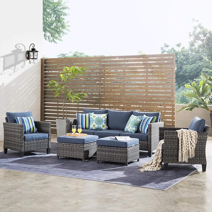 ovios 5 Pieces Patio Furniture Set, Outdoor Wicker Sofa Couch with Chairs Comfy Cushions, All Weather Grey Rattan Conversation Set for Backyard Deck Porch, Denim Blue