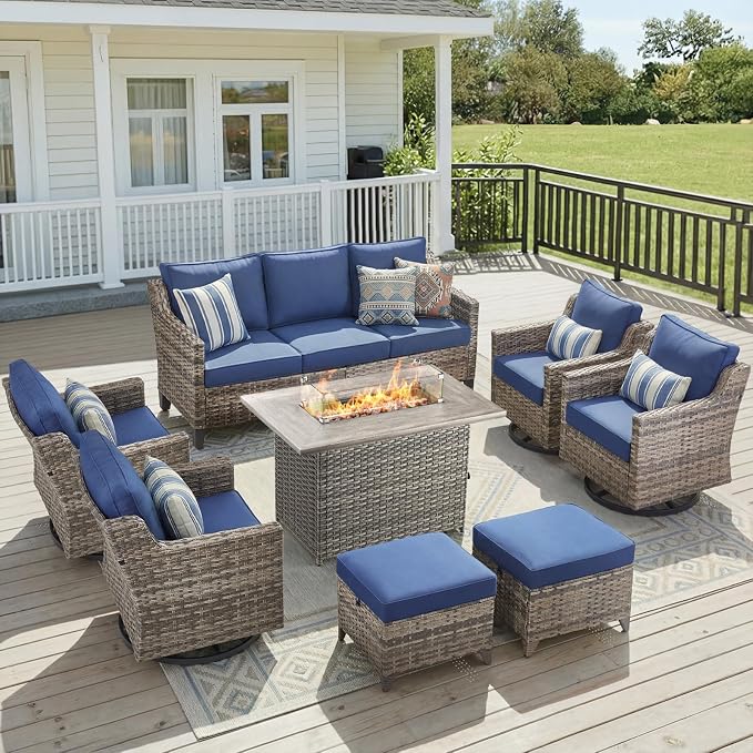 Patio Furniture Set with 42.5" Fire Pit Table-8 Pieces All Weather Wicker Outdoor Furniture with High Back Swivel Patio Chairs Set of 4 Outdoor Patio Conversation for Deck Garden Blue/Gray