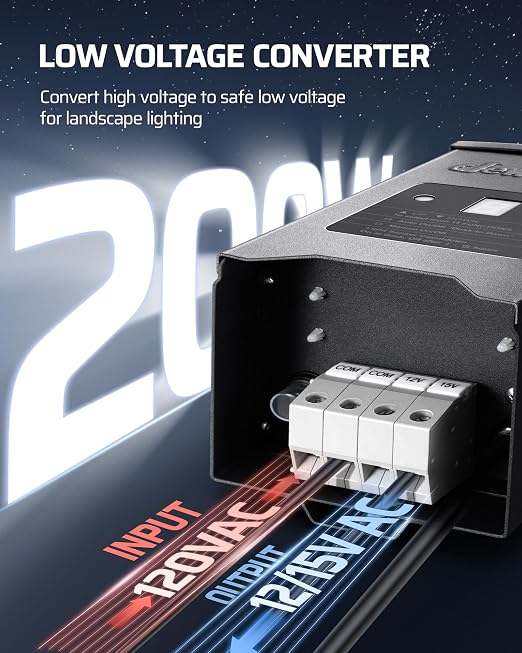 DEWENWILS 200W Weatherproof Low Voltage Landscape Lighting Transformer, 120V to 12/15V AC, Metal Low Voltage Landscape Transformer with Photocell & Timer, Multi Zone Landscape Lighting Transformer