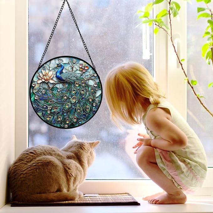 DASTOLL Stained Glass Window Hanging, Blue Peacock Decoration Suncatcher for Door Garden Home Flower Bird Sun Catchers Christmas Mother's Day Birthday Gifts for Women Men Mom Nana Friend 11.8 in