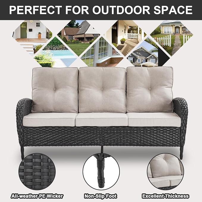 Belord Outdoor Patio Furniture - Wicker Sofa with Removable Cushion, 3 Seater Rattan Couch with Deep Seat, High Backrest, All-Weather for Balcony, Deck, Backyard, Black/Beige