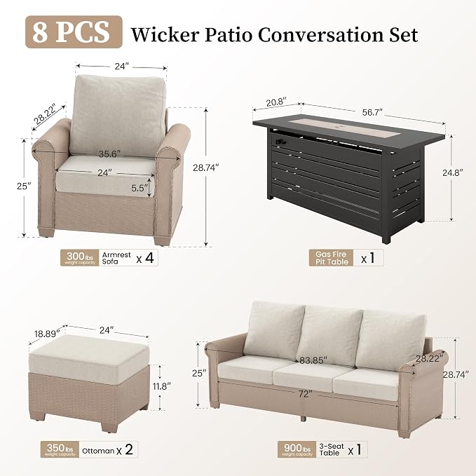 Patio Furniture Set 8 pcs, Wicker Rattan Outdoor Furniture with 5.5" Thick Waterproof Cushions, and 56" Fire Pit Table, All Weather Outdoor Conversation Set for Backyard Deck, 9 Seats Beige