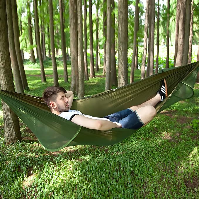 LFL Camping Hammock with Mosquito Net, Hammocks with Bug Net 13ft Tree Straps Carabiners, Automatic Quick Open Outdoor Portable Hammock with Net, Nylon Parachute Material Outside Hiking Gear (Green)