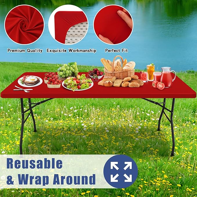 Moosfor Spandex 5 Foot Rectangle Christmas Table Cloth 2 Pack, Elastic Fitted Tablecloths for Picnic, Stretch Washable Patio Table Cover for Outdoor, Camping, Banquet and Parties (Red, 30"x60")