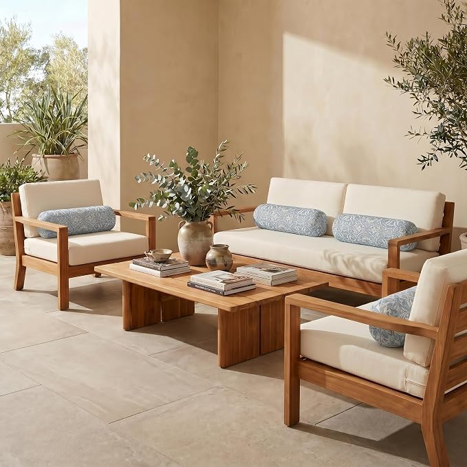 RSH DECOR: Sunbrella Neck Roll Pillows Set of 4 | 20” x 6” | Outdoor Bolster for Patio, Deck, Porch, or Poolside Furniture | Water & Fade-Resistant | Made in USA (Provincial Azure)