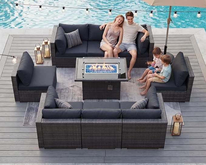 BULEXYARD 9 Piece High Back Outdoor Sectional Seating with Fire Pit Table, Heavy Duty Sturdy Wicker Patio Set Conversation Couch Sofa, Extra Wide Deep Large 8-Person Deck Furniture for Outside, Grey