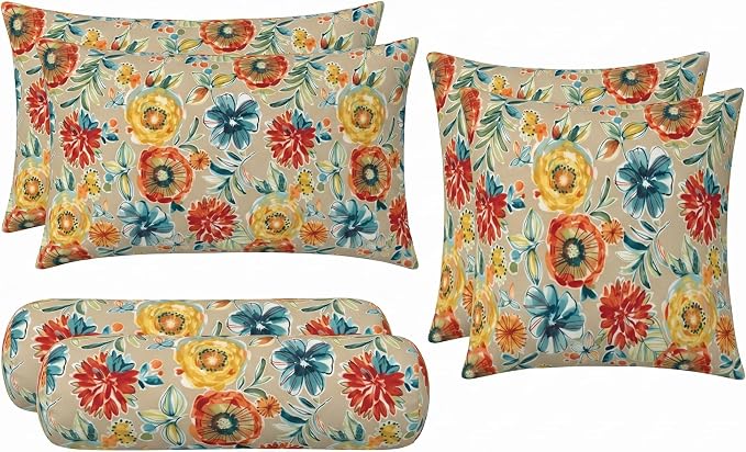 RSH DECOR: 6-Pack Pillow Set | All-Weather Spun Fabric | Water & Fade-Resistant | 17" Square, 20" x 12" Lumbar, 20" x 6" Neck Roll Pillows | Outdoor Pillows for Patio | Made in USA (Colsen Sonoma)
