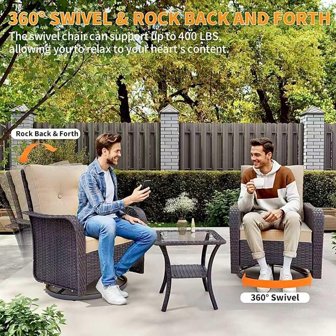 Gotland 13 Pieces Patio Furniture Set with Fire Pit Table Swivel Chairs, PE Rattan Outdoor Furniture Set with 29.5'' High Backrest 4’’ Thick Cushions Coffee Table, Patio Set for Porch, Deck, Khaki