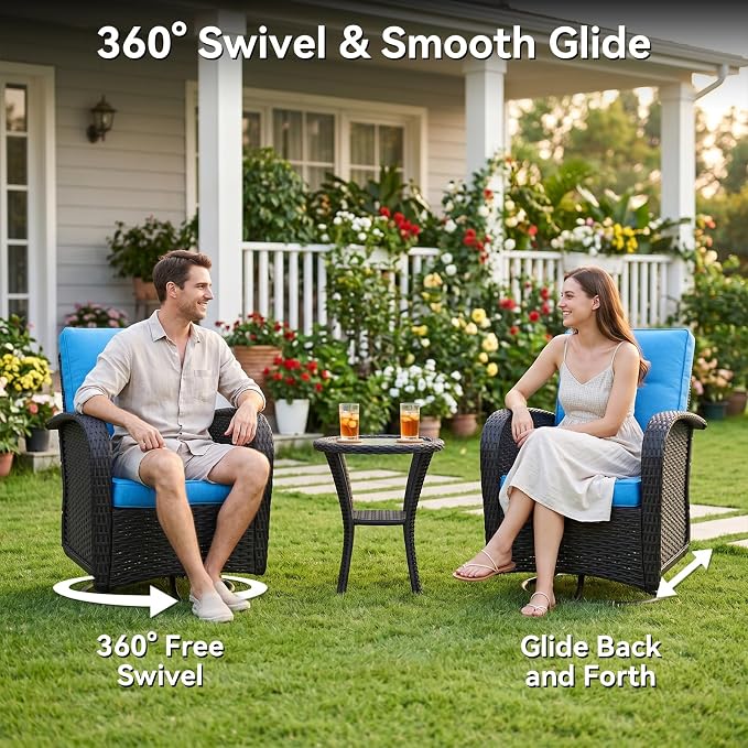 Aoxun Patio Furniture Set with Swivel Rocker Chairs, 10 Piece Outdoor Sectional Sofas, Wicker Rattan Outdoor Furniture with Thickened Cushion for Backyard, Garden Peacock Blue