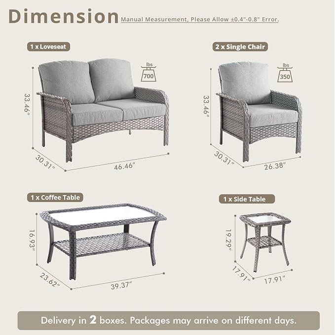 Wicker Patio Furniture Set High Back Loveseat Sofa Couch Armchair Coffee Table, All Weather Rattan 4 Pieces Outdoor Conversation Sets for Patio Porch Deck Backyard Poolside, Dark Gray