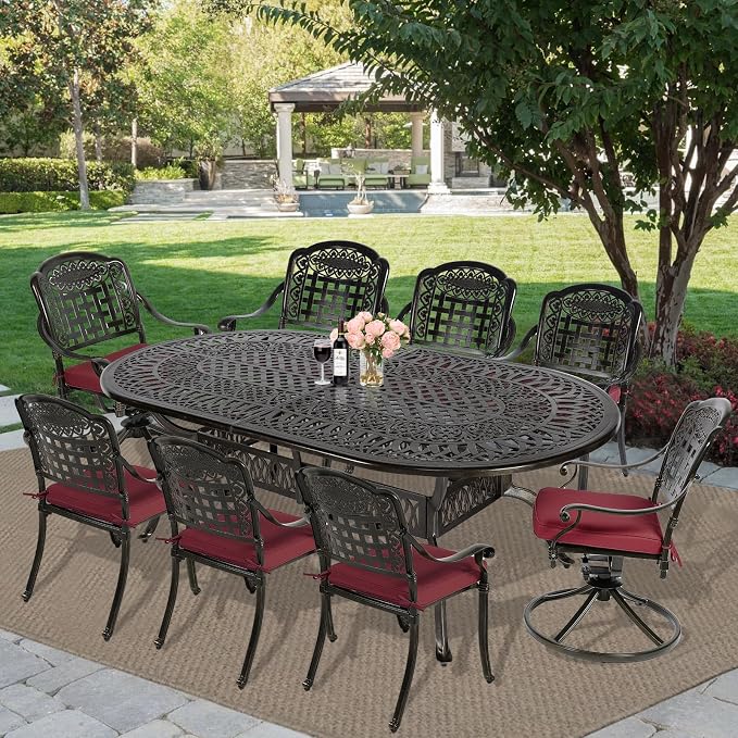 MEETWARM 9-Piece Outdoor Patio Dining Set, All-Weather Cast Aluminum Patio Conversation Set with 6 Stationary, 2 Swivel Rocker Chairs, 1 Oval Table, 8 Cushions, 2" Umbrella Hole, Chili Red