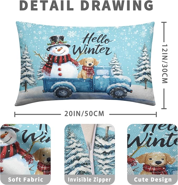 Set of 2 Blue Truck with Snowman Puppy Dog Rectangle Pillowcase Hello Winter Lumbar Pillow Covers 12x20 Snowflakes Snowman Waist Cushion Case for Living Room Bedroom Couch Sofa
