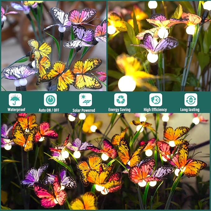 TONULAX Solar Garden Lights - 8 Pack Swaying Butterfly Light, Swaying in The Wind, Solar Outdoor Lights, Yard Patio Pathway Decoration, High Flexibility Iron Wire & Realistic Butterflies