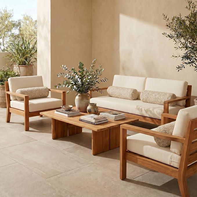 RSH DECOR: Sunbrella Neck Roll Pillows Set of 4 | 24” x 8” | Outdoor Bolster for Patio, Deck, Porch, or Poolside Chairs | Fade & Water-Resistant | Made in USA (Berber Cafe)