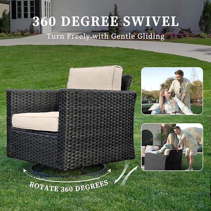 UDPATIO Patio Furniture Set, 6 Pieces Outdoor Furniture Sets with Rocking Swivel Chairs, Wicker Rattan Outdoor Conversation Set with Storage Table and Waterproof Covers for Backyard, Deck, Porch, Khak