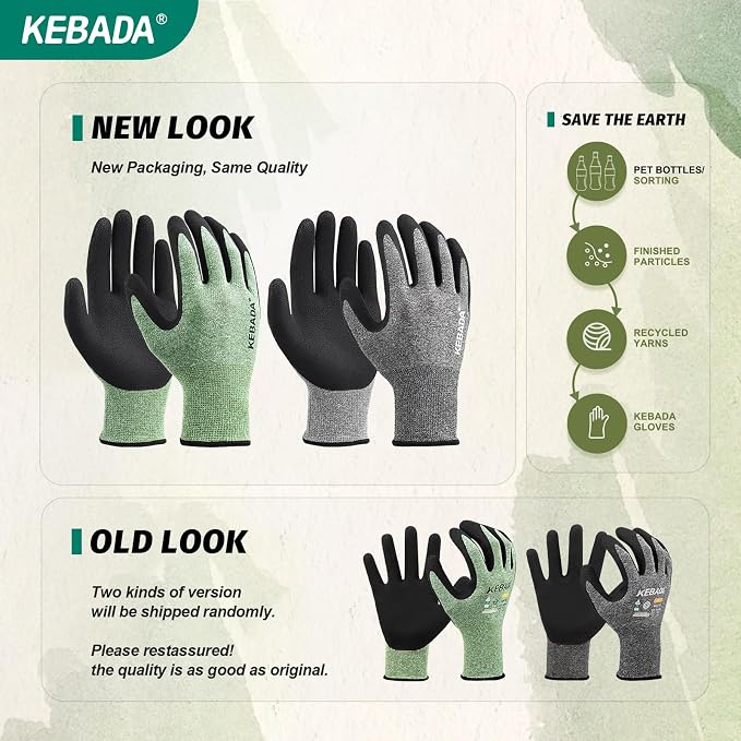 Kebada Gardening Gloves for Men, Foam Latex Coated, Green & Gray, 2 Pairs | Medium, breathable garden gloves, stretchable fit, made from recycled PET bottles. Ideal for gardening and general-duty work