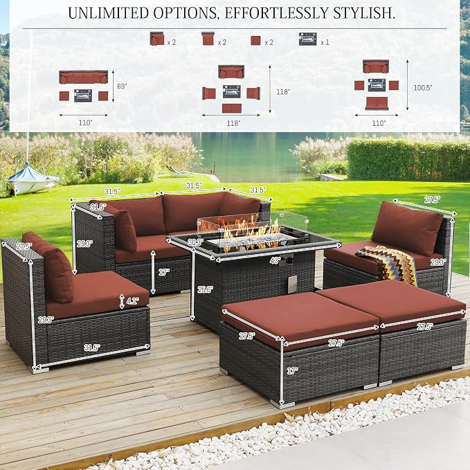 BULEXYARD 7 Piece High Back Outdoor Sectional Set with Fire Pit Table, Wicker Patio Furniture Set Weather-Resistant, Modular 6-Person Couch Sofa Comfortable Wide Deep Seats for Backyard, Grey & Red