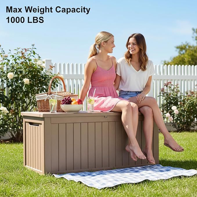 MAKINO 275 Gallon Resin Outdoor Storage Box, Waterproof Deck Box with Lockable Lid, Outside Storage Box for Patio Furniture, Pool Accessories, Garden Tools, Storage Bench for Backyard, Gray Brown