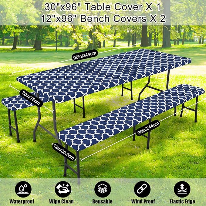 Smiry Picnic Table Cover with Bench Covers, Waterproof Elastic Fitted Tablecloth for 8 Foot Tables, Washable Polyester Tablecloths for Camping, Indoor & Outdoor (Navy, 30x96 Inch 3-pc Set)