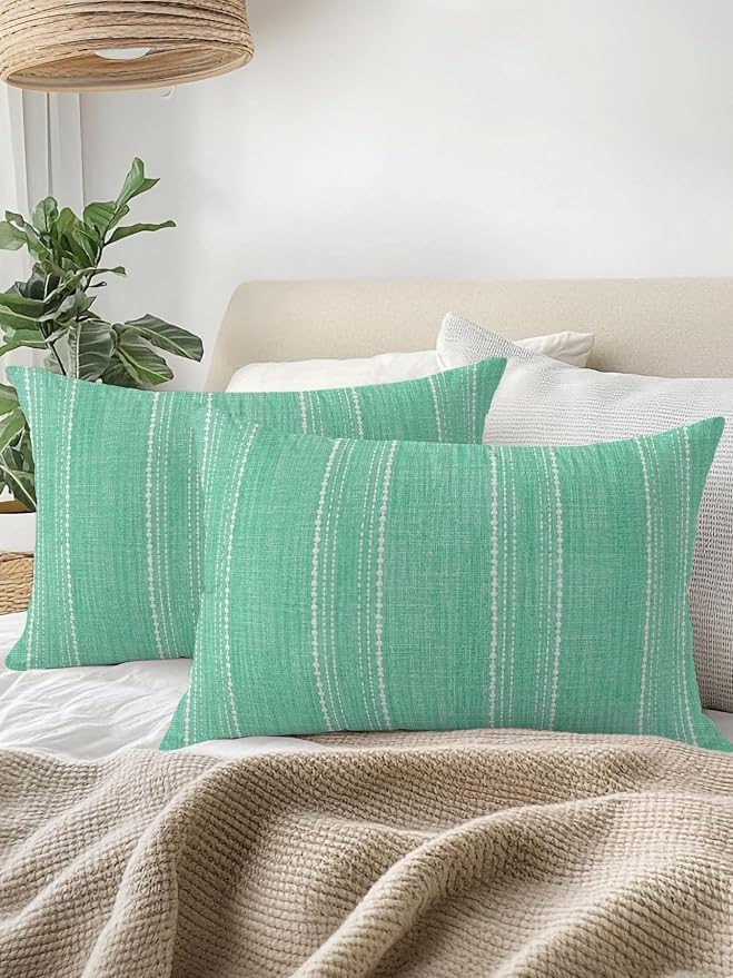 Waterproof Outdoor Pillow Set of 2 Mint Green Linen Stripes Decorative Throw Pillows Cover & Insert 20x12 Inch Lumbar Pillowcase Parallel Vertical Lines Pillows for Couch Sofa Bed Patio Furniture