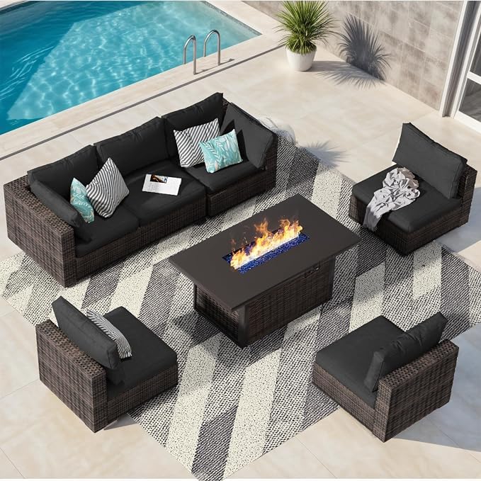 Patio Furniture Set with Fire Pit Table, Outdoor Sectional Rattan Sofa Set, Patio Set Seating Furniture with Thickened Cushions (Black, 7 Pieces)