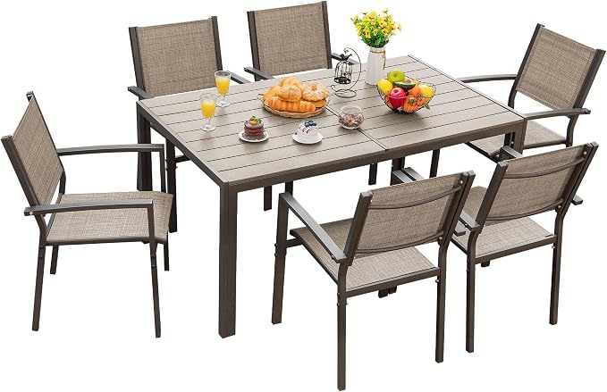 Flamaker Patio Dining Set 7 Piece Metal Frame Outdoor Furniture with 6 Textilene Chairs and Rectangular Table Family Kitchen Conversation Set for Backyard, Lawn (Brown)