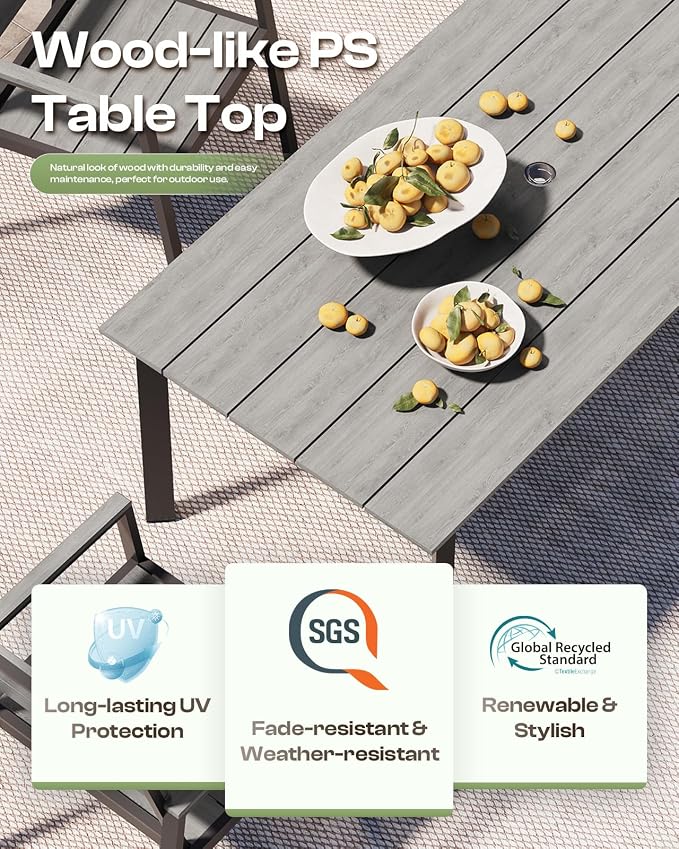 67"*32.3"*29.5" Patio Dining Table, Seamless Rectangle Aluminum + HDPS Outdoor Patio Dining Table with Umbrella Hole, Weather-Resistant for Lawn, Garden, Yard and Indoor Use (Gray)