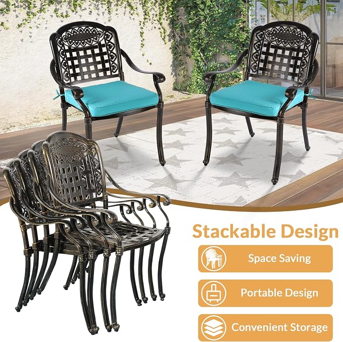 9 Piece Outdoor Patio Dining Set for 8, Cast Aluminium Large Square Dining Table & 4 Swivel Rocker Chairs, 4 Stationary, 8 Cushions, Umbrella Hole, Patio Furniture Set for Garden, Ocean Blue