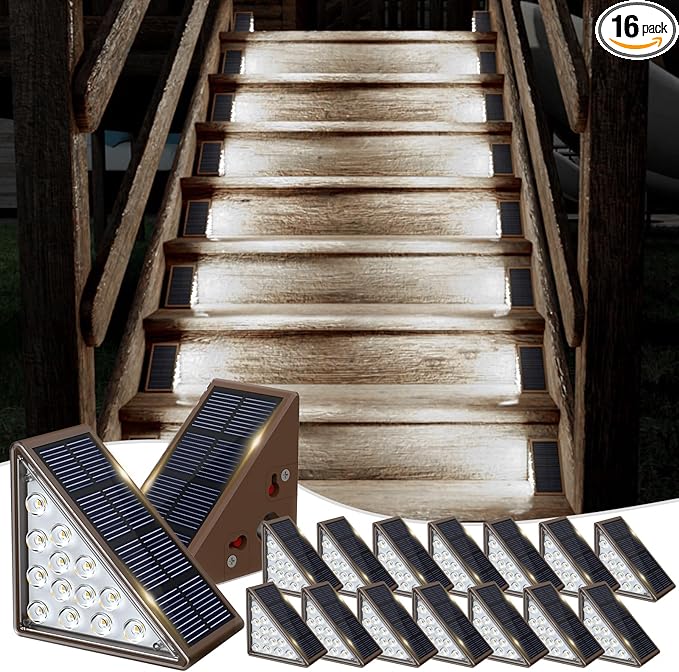 JOFIOS Solar Step Lights for Outside,16 Pack Solar Stair Lights Outdoor Waterproof IP67,Outdoor Deck Step Lights,Solar Outdoor Lights for Staircase,Patio,Front Step(Cool Brown)…