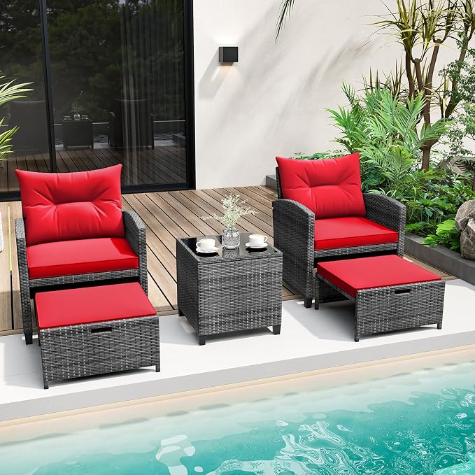 KOTEK 5 Pieces Patio Furniture Set with Ottomans, Wicker Patio Conversation Set with Coffee Table & Cushions, PE Rattan Outdoor Lounge Chairs for Backyard, Porch, Poolside (Mix Grey- Red)
