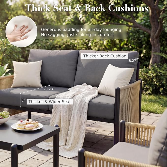 Aluminum Patio Furniture Set, 4 Seats Outdoor Patio Furniture with Coffee Table, Outdoor Wicker Conversation Sets with Cushion for Backyard, Balcony,Porch,Dark Grey